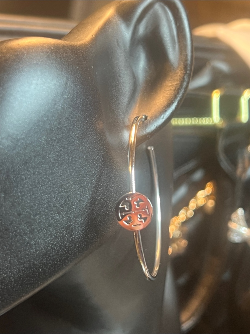 Silver Hoop Earrings with Medallion Accent